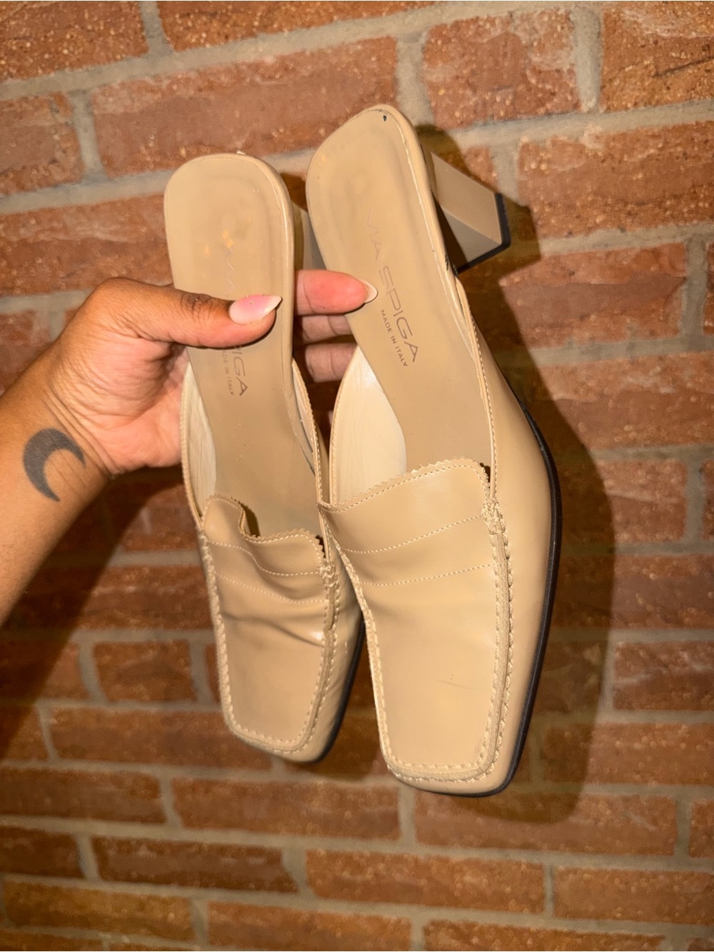 Women's Beige Leather Slip-On Heeled Loafers